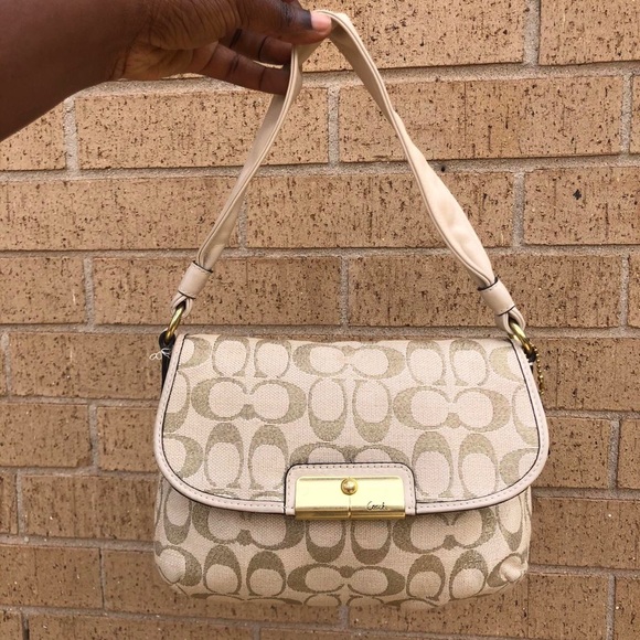 Coach Handbags - Rare 2000 Beige Cream Coach Signature Monogram Soho Flap Shoulder Hand Bag Purse